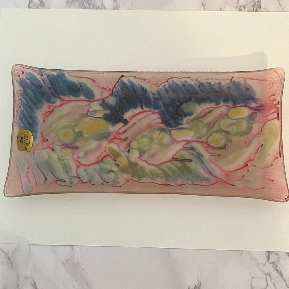 Hand Painted Drip Art Glass Jewelry Tray What Not Dish  Made in Israel Vtg